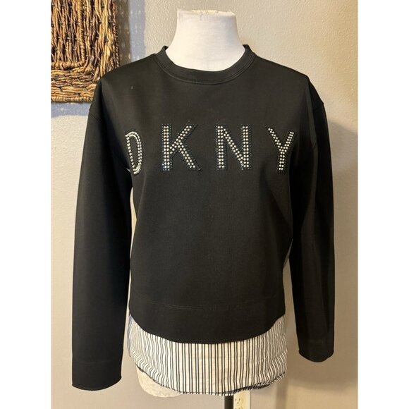 DKNY Top S Small The Everywhere Sweatshirt Black Blue White Crystals NWT NEW - Picture 4 of 15